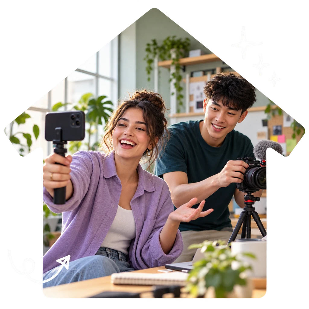 Two creators filming short-form content together in a bright studio